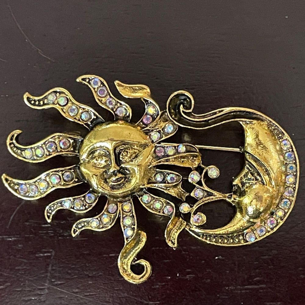 Gold Sun and Moon Brooch with Aurora Rhinestones gold golden whimsical folly pin